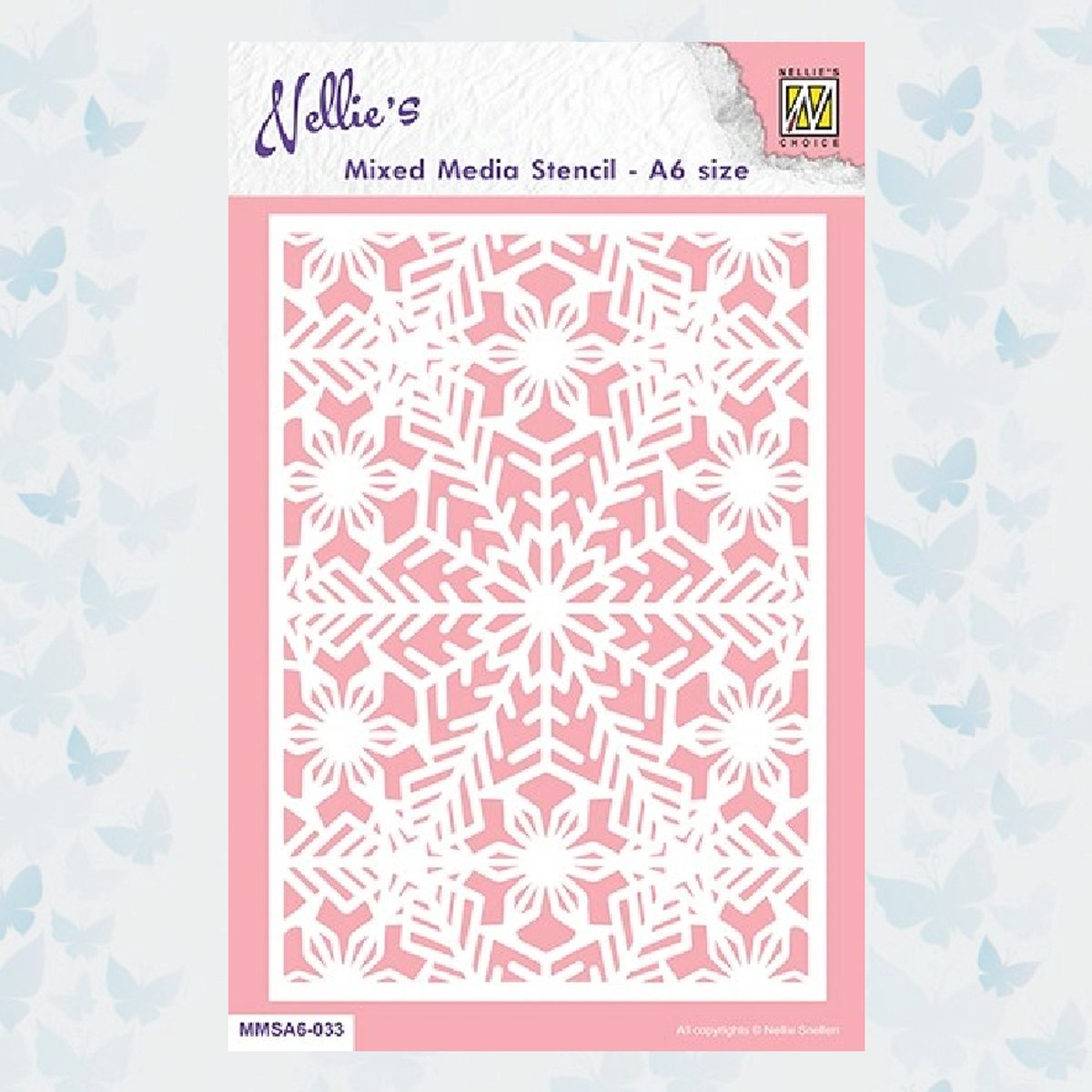 MMSA6-033 Nellie Snellen - A6 Mixed Media Stencil Snowflakes 2 - sjabloon plastic roze - sneeuwvlok groot - kristal